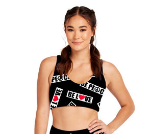 BLACK BE LOVE BE KIND BE PEACE STAMP SPORTS BRA