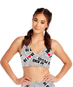 Load image into Gallery viewer, GREY/WHITE SPECKLE BE LOVE BE KIND BE PEACE STAMP SPORTS BRA
