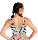 Load image into Gallery viewer, GREY/WHITE SPECKLE BE LOVE BE KIND BE PEACE STAMP SPORTS BRA
